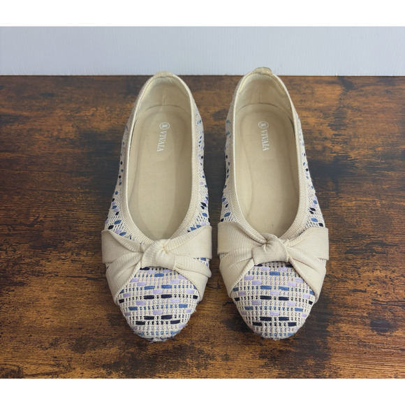 VIVAIA Bibi Ballet‎ Flats Shoes Womens Sz 9.5 Cream Blue Knotted Bow - Picture 1 of 8
